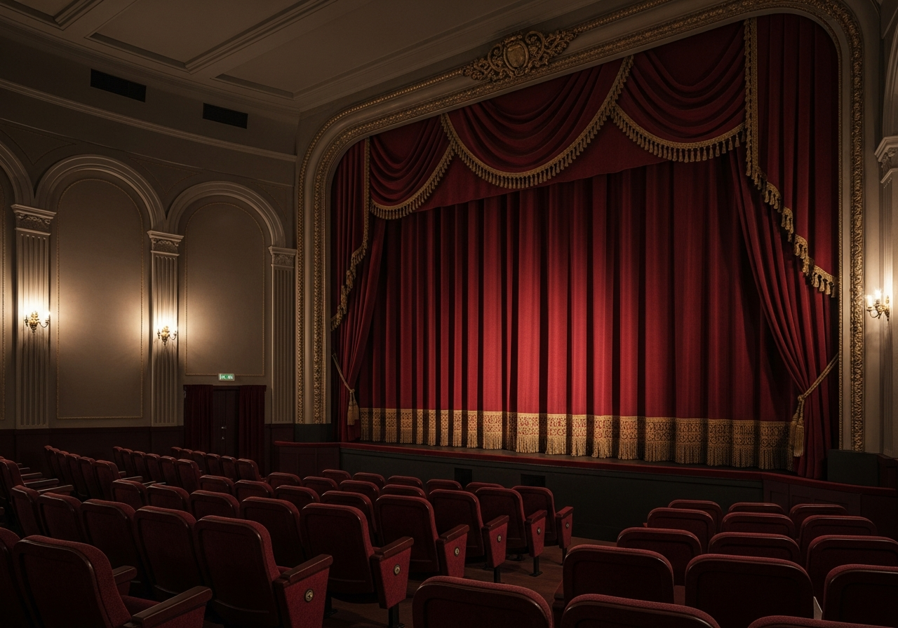 A dimly lit, slightly old-fashioned cinema hall with red velvet seats and a grand curtain, evoking a sense of history and classic elegance. The screen is dark, waiting for the film to start.