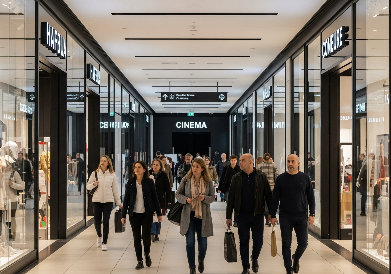 A modern, brightly lit shopping mall corridor with multiple stores, people carrying shopping bags, and a cinema entrance sign barely visible among other brand logos. The scene is bustling and impersonal.