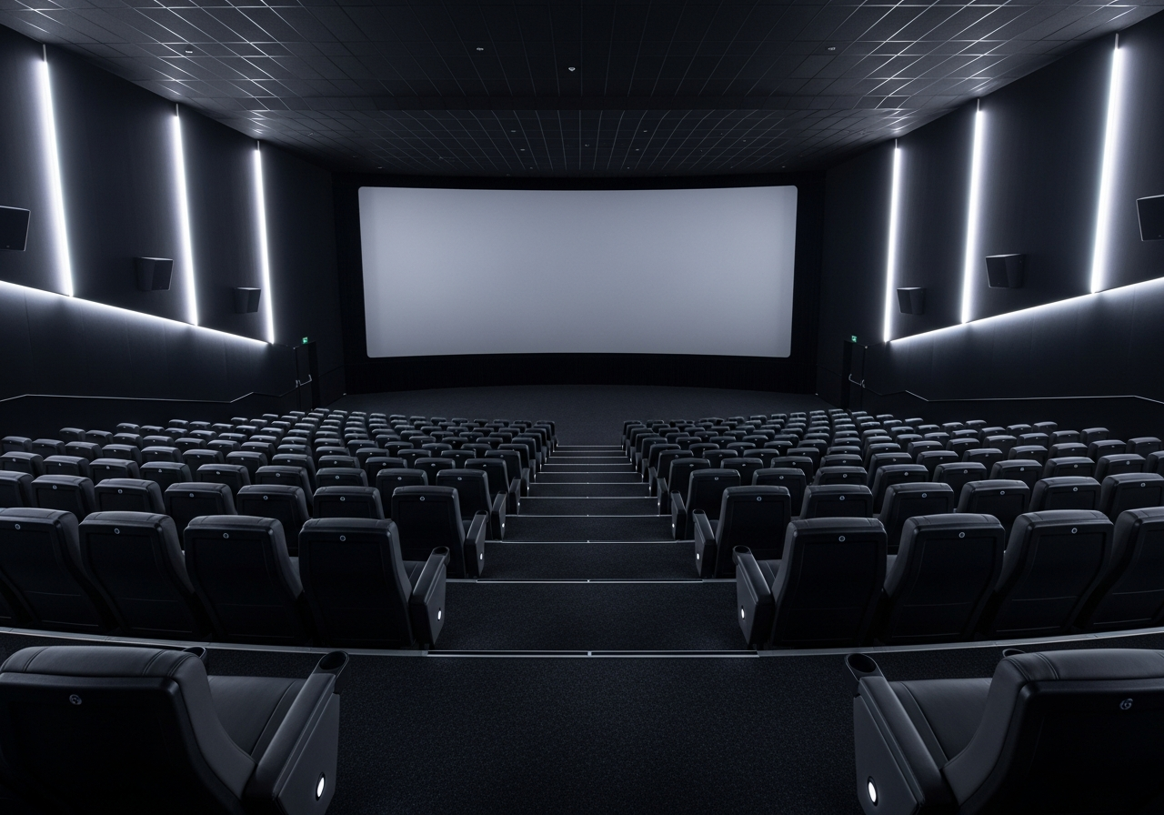 An empty, modern cinema auditorium with sleek, dark grey seats and a large, unlit screen. The aesthetic is clean and functional, but lacks warmth or unique character.