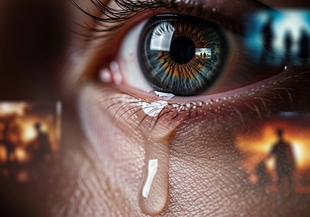A close-up shot of a single tear rolling down a cheek, reflecting the dim light of a movie screen in the pupil, with blurred, dramatic film scenes in the background.