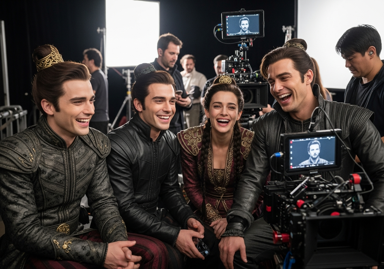 A film set from behind the scenes, showing actors laughing and joking between takes, contrasting sharply with the dramatic, tearful scene they just filmed, highlighting the artificiality of screen emotions.