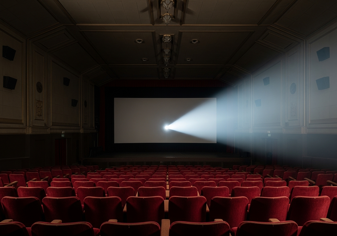 A dimly lit, vintage cinema interior from the 1960s, with a single projector beam cutting through the dusty air, focusing on the empty screen. The seats are red velvet, slightly worn, and there's a sense of nostalgic quietness.