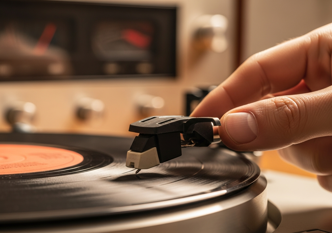 A close-up shot of a hand gently placing an old, worn vinyl record onto a turntable, the needle about to drop. The background is slightly out of focus, showing warm, vintage audio equipment, emphasizing the tactile and auditory experience.