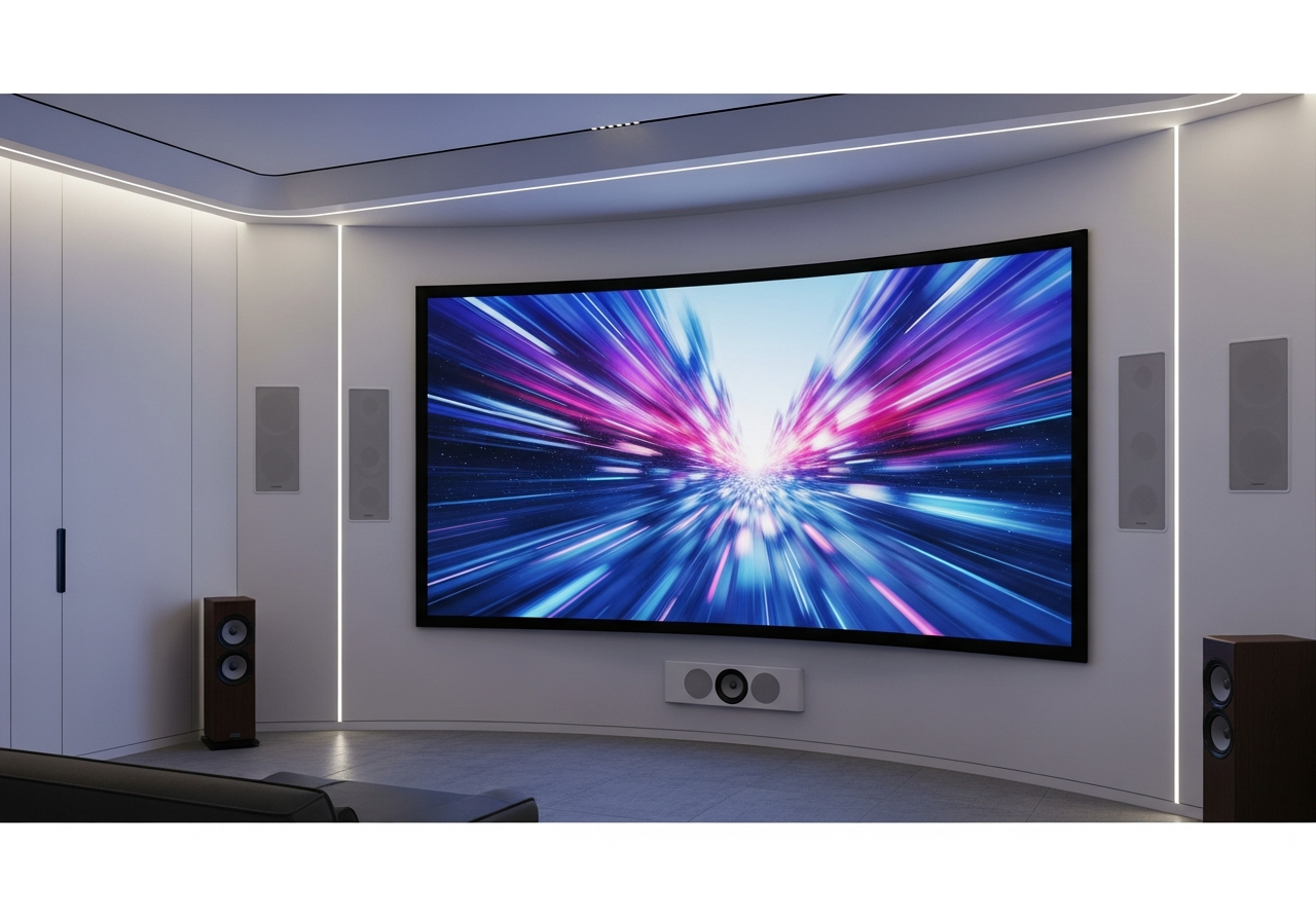 A futuristic, sleek home theater setup with a massive curved screen displaying vibrant, hyper-realistic visuals. The surround sound speakers are nearly invisible, blending into the minimalist, modern decor, hinting at high-tech but potentially soulless audio delivery.