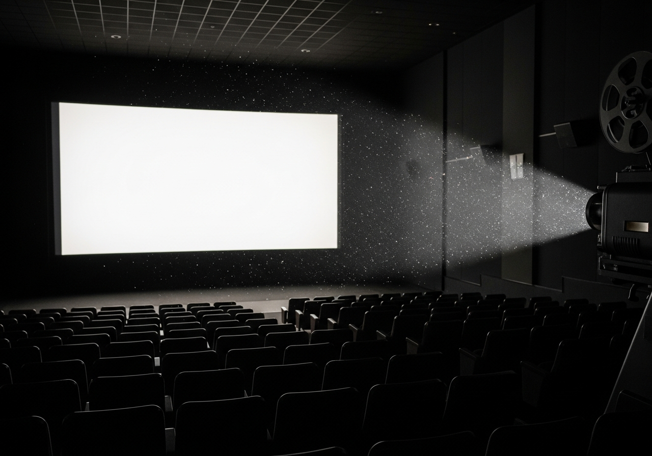 A vintage film projector casting light onto a blank screen in a dark, empty cinema hall, symbolizing a lost connection to pure storytelling, with dust motes dancing in the beam.