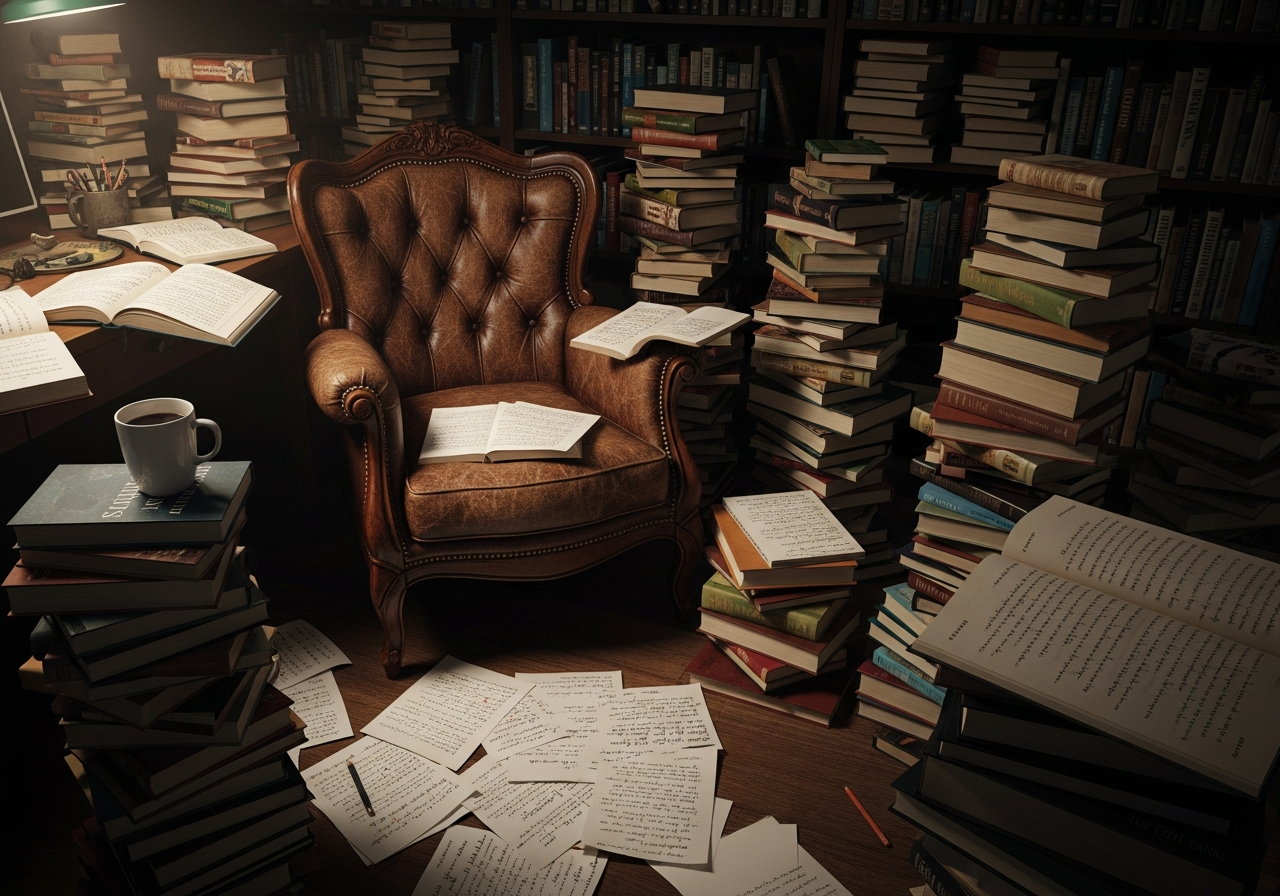 A dimly lit, cluttered study with an old, worn armchair, a half-finished cup of coffee, and stacks of books and papers, representing the columnist's chaotic and introspective workspace.