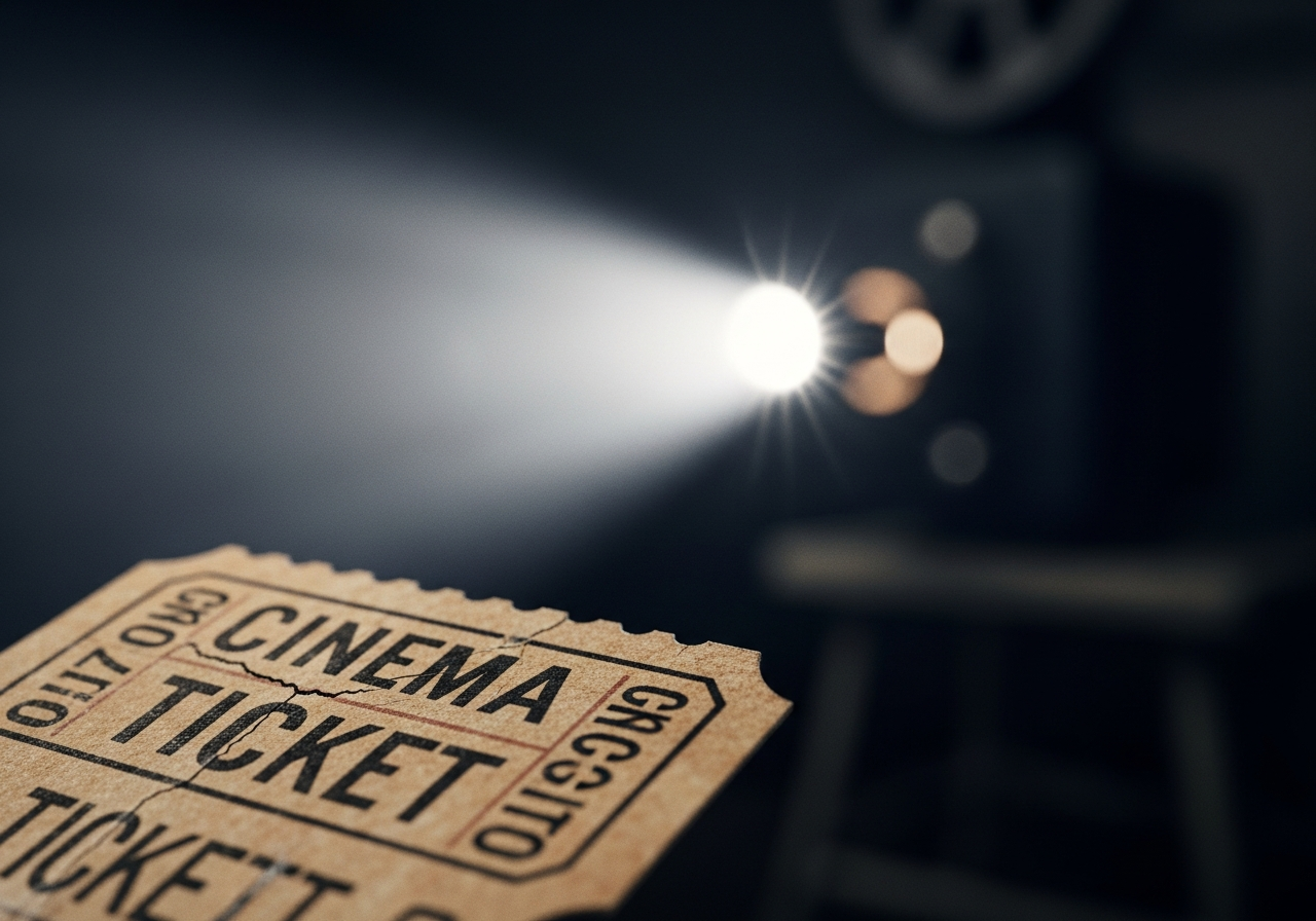 A close-up of an old, slightly cracked cinema ticket stub, blurred in the foreground, with a flickering light of a projector visible in the background, symbolizing fleeting memories and the changing nature of the cinema experience.