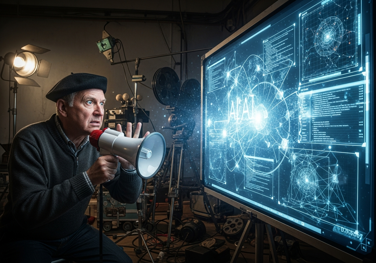 A vintage film director, with a beret and a megaphone, looking confused and slightly angry at a glowingly abstract, data-filled screen that represents an AI analysis, in a dimly lit, chaotic film set.