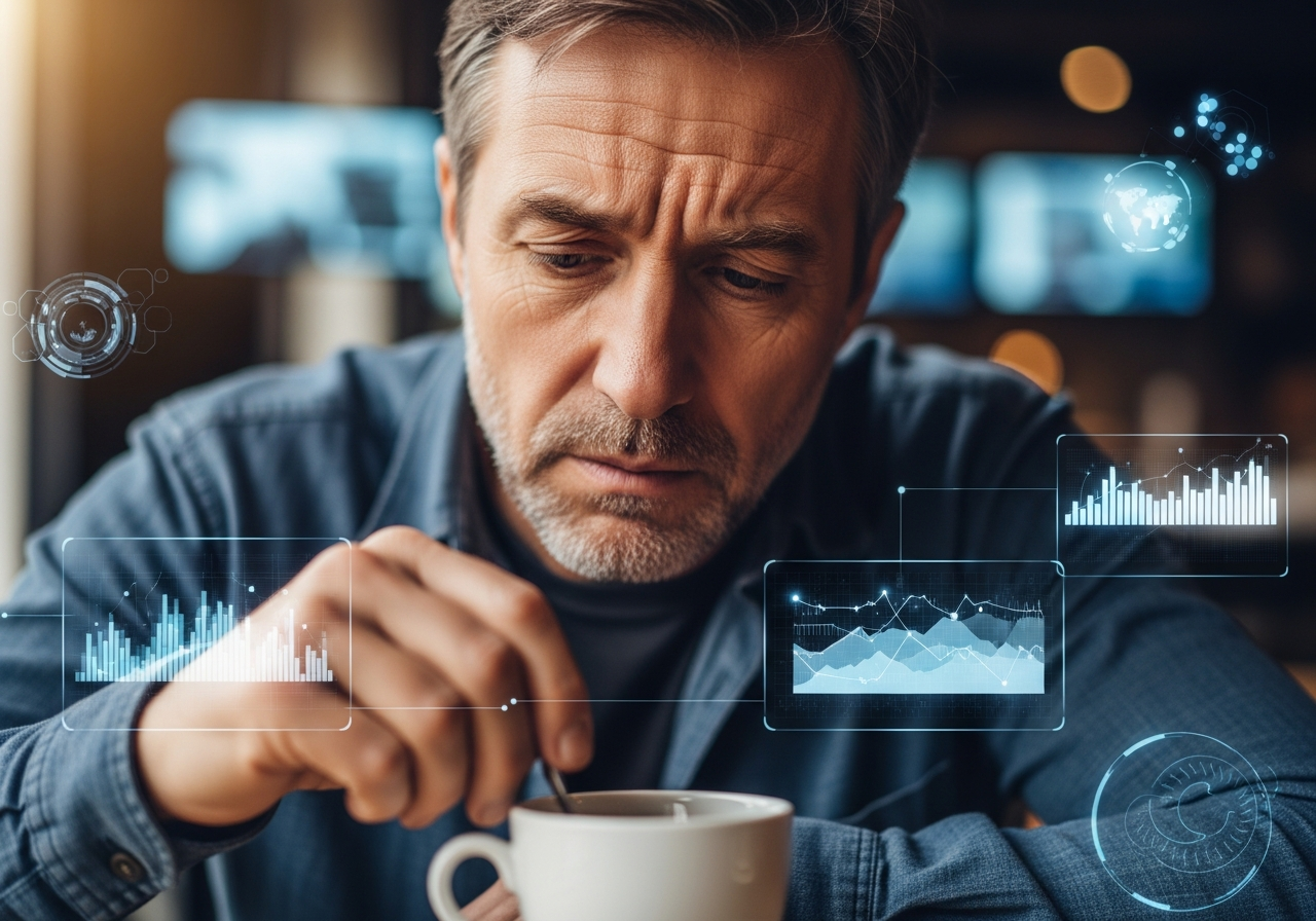 A close-up of a disillusioned, middle-aged man (Menduh Biçer type) at a cafe, stirring his tea thoughtfully, with blurred digital screens and abstract data visualizations in the background, hinting at his internal conflict.