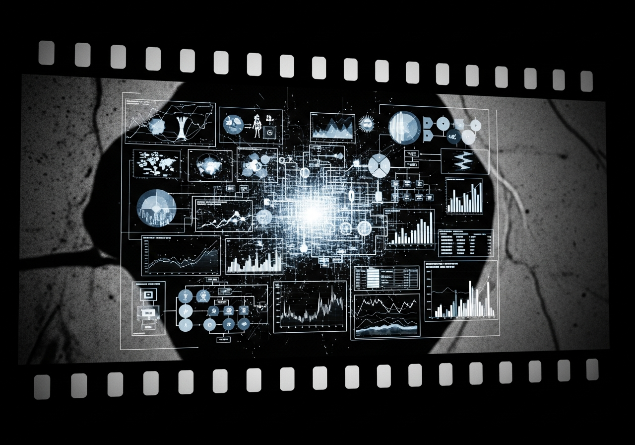 A digital projection of complex data graphs and flowcharts overlaid on a classic movie screen showing a black and white film frame, symbolizing the clash between art and analytics.