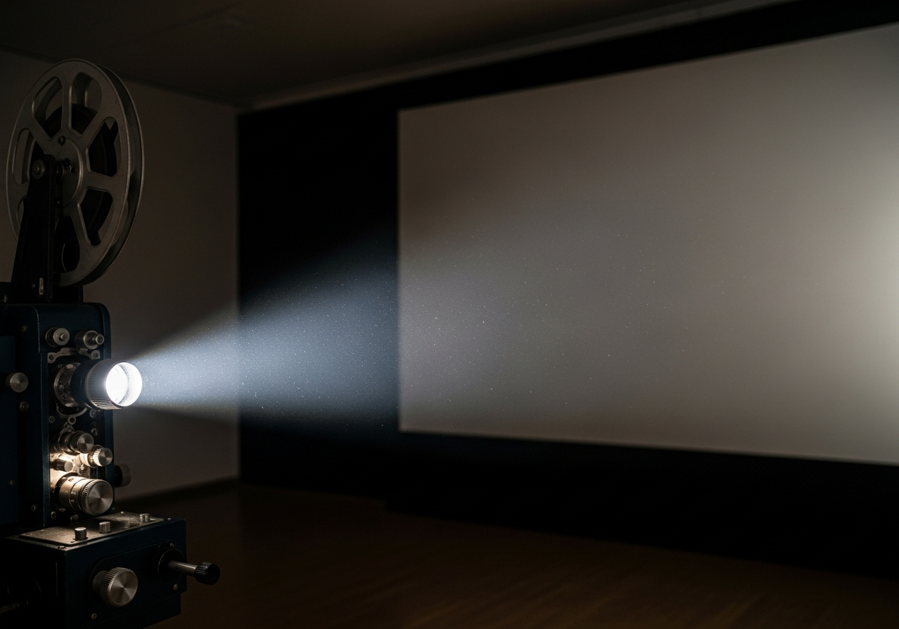 A close-up shot of a vintage film projector casting a flickering light onto a blank screen, emphasizing the absence of an audience and the potential loss of connection between the medium and its viewers.
