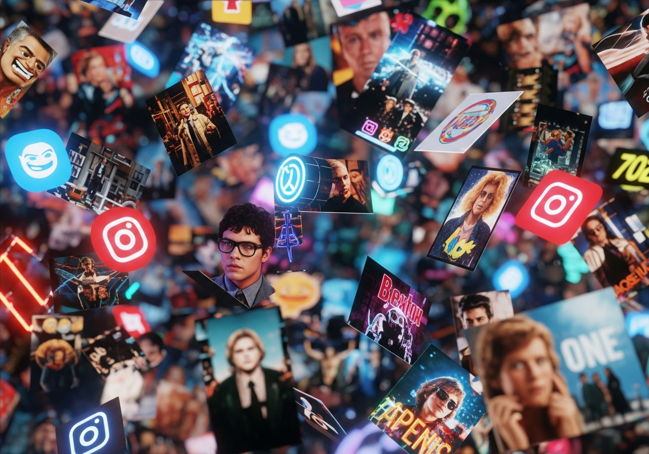 A chaotic, vibrant digital collage of fragmented movie scenes and pop culture references, symbolizing the overstimulation and superficial consumption of visual media in modern society.