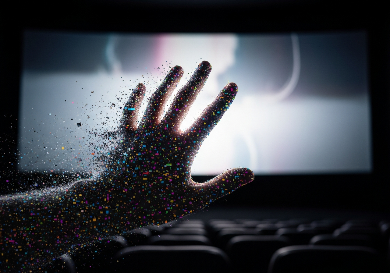 A person's hand reaching towards a glowing cinema screen, but their fingers are dissolving into pixelated static, representing the fading connection and understanding of the cinematic art form.