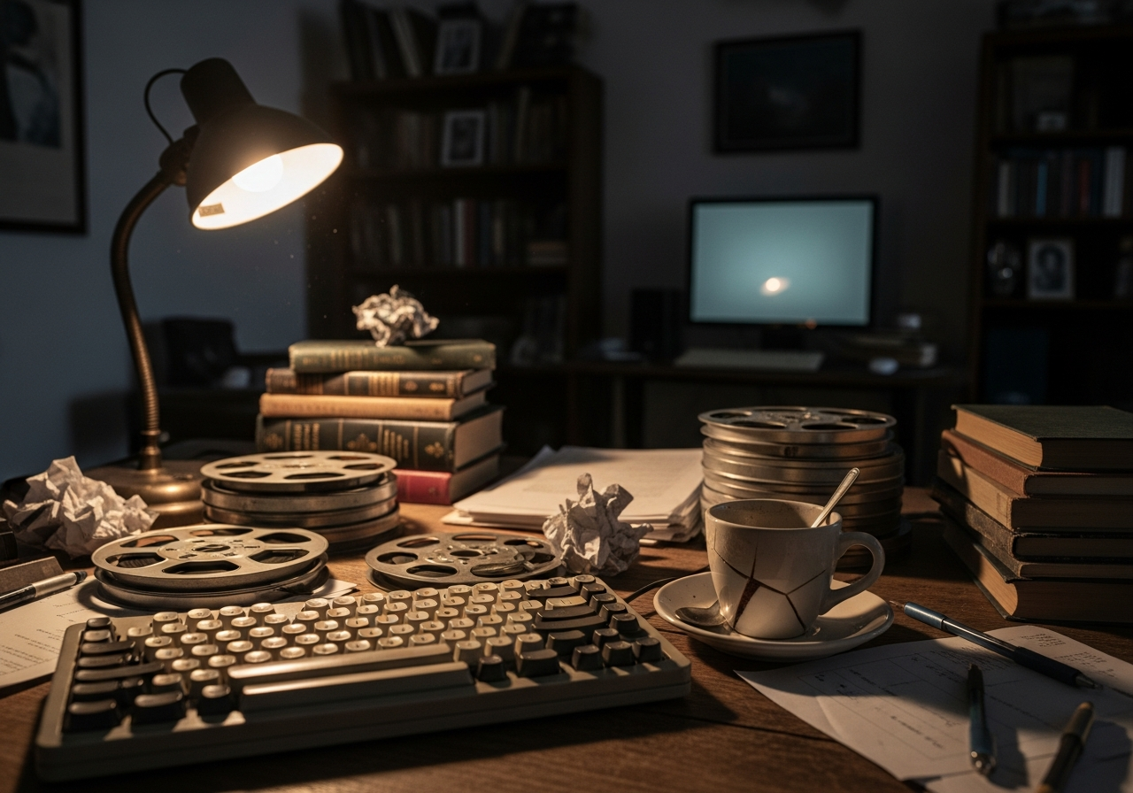 A dimly lit, cluttered home office with stacks of old film reels and books, a half-empty coffee mug, and a keyboard in the foreground, suggesting a writer's solitary, perhaps slightly jaded, workspace.