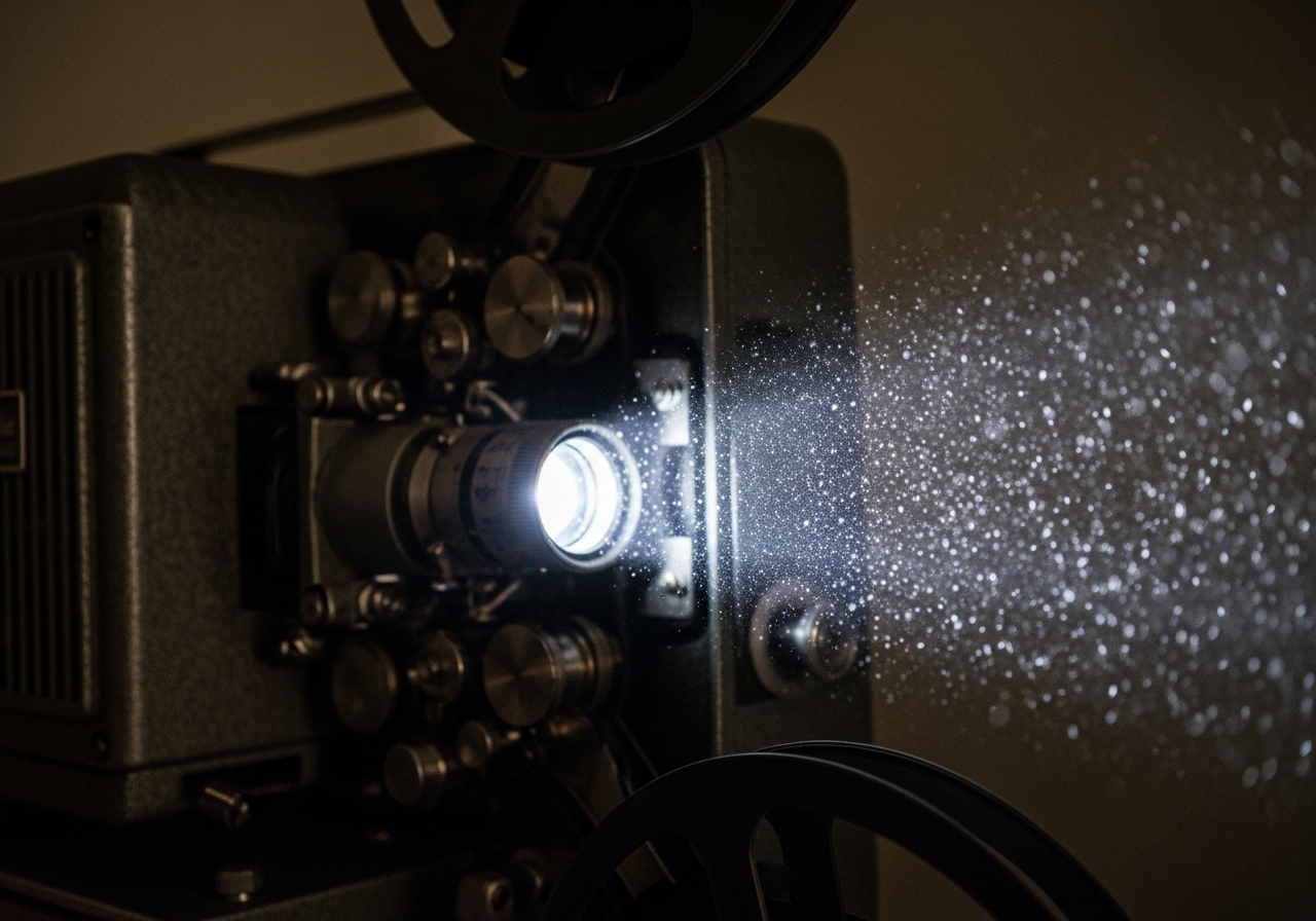 A close-up of a vintage film projector, slightly out of focus, with dust motes dancing in a beam of light, symbolizing faded glory or forgotten narratives.