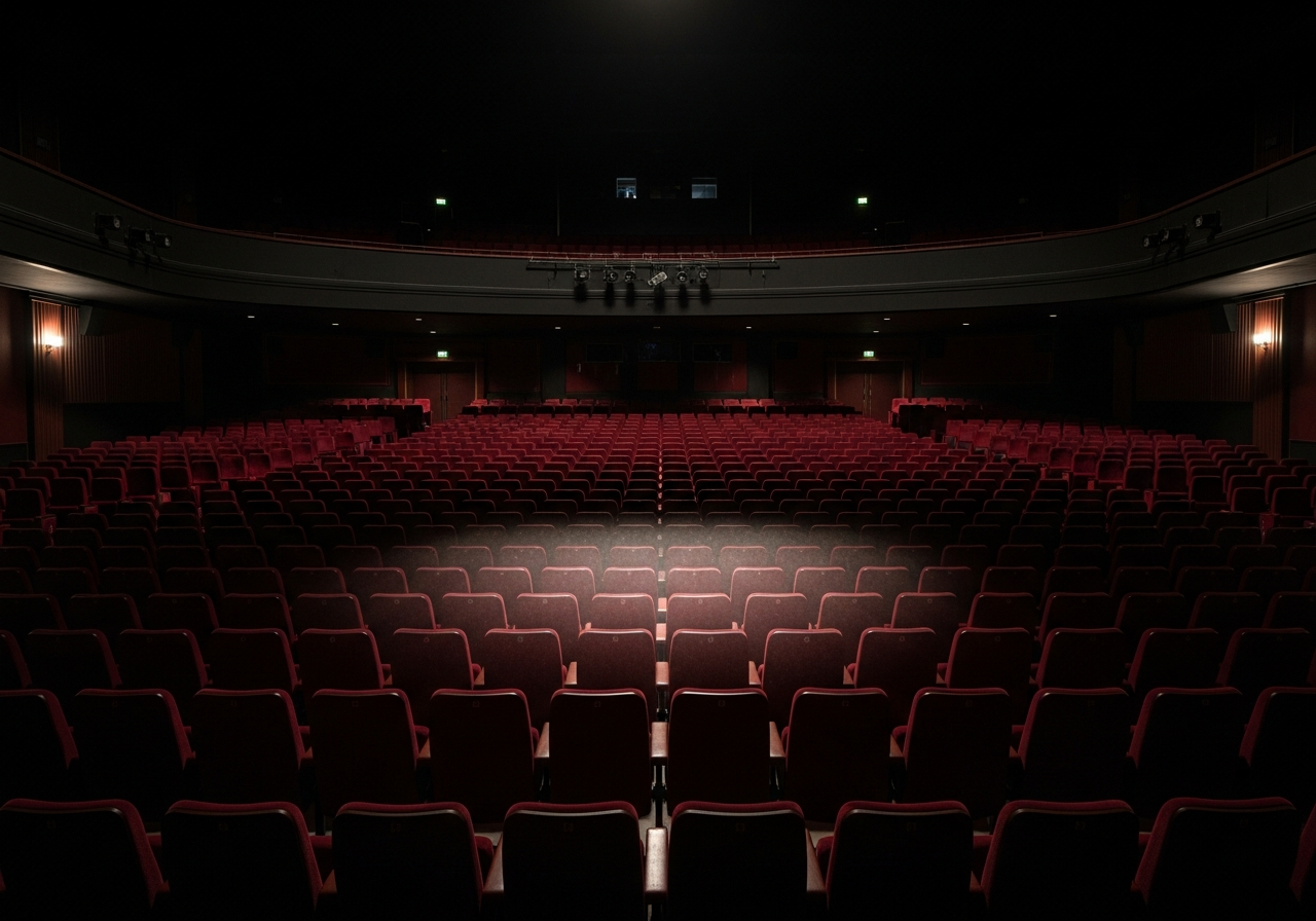 A vast, empty movie theater with rows of vacant seats stretching into the darkness, a single, weak spotlight on the stage, conveying a sense of loneliness or missed potential.