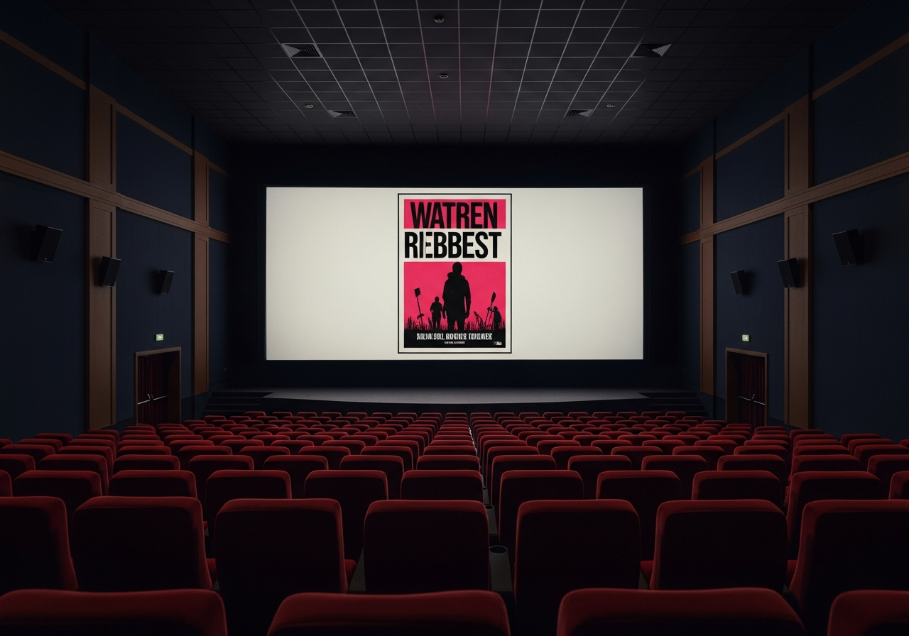 A dimly lit movie theater screen displaying a stylized, vibrant protest poster, but the poster itself looks too perfectly designed, almost like a corporate advertisement for rebellion, rather than a genuine grassroots one. The empty seats of the theater stretch out, suggesting an audience that appreciates the *idea* of rebellion from a safe distance.