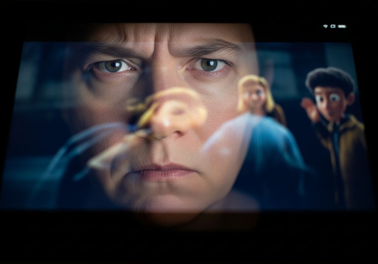 A close-up of a person's weary, somewhat cynical face reflected in the screen of a tablet where a generic, brightly colored movie scene is playing. The reflection shows a slight frown, indicating dissatisfaction or boredom with the content.