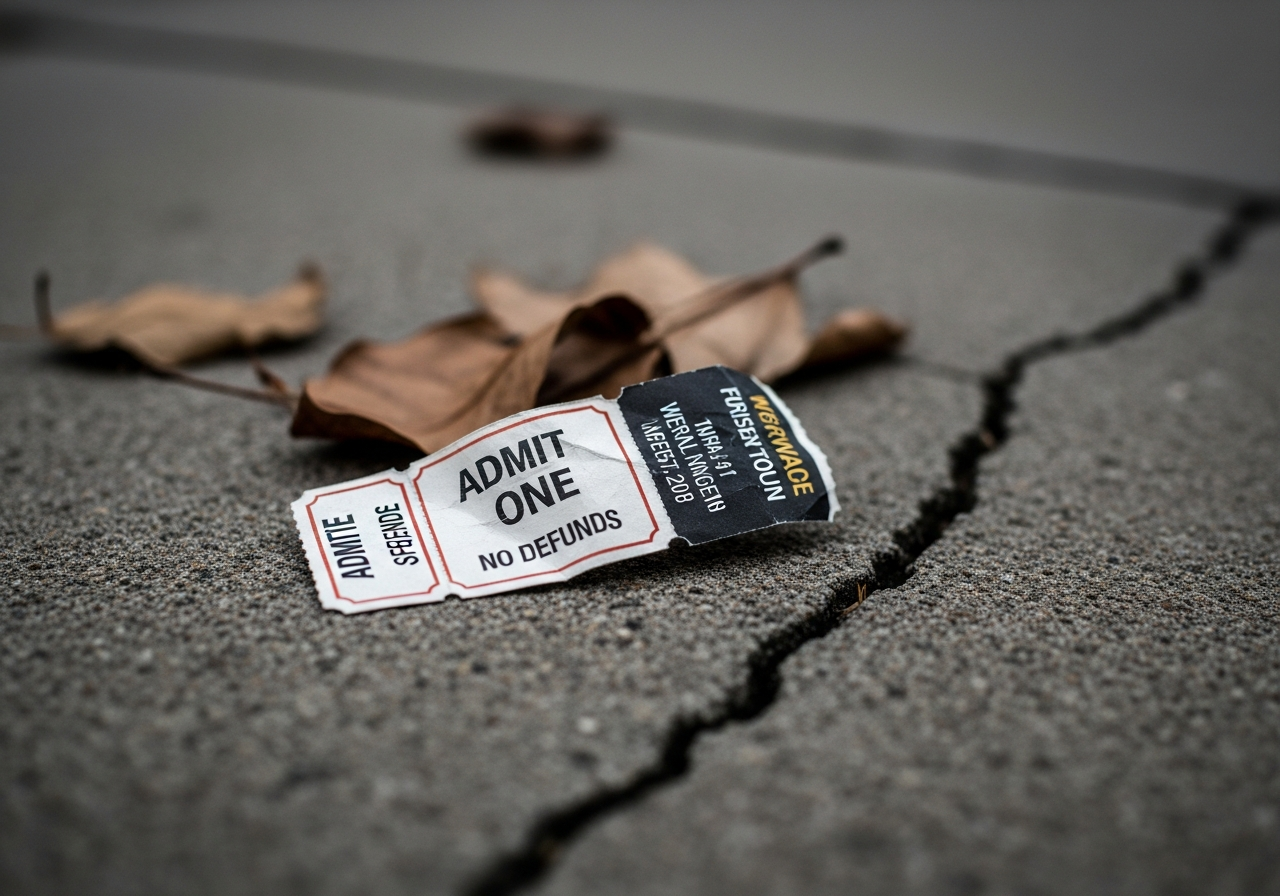 A single, crumpled movie ticket lying forgotten on a dirty, cracked sidewalk, partially obscured by dead leaves, symbolizing wasted potential or forgotten impact.