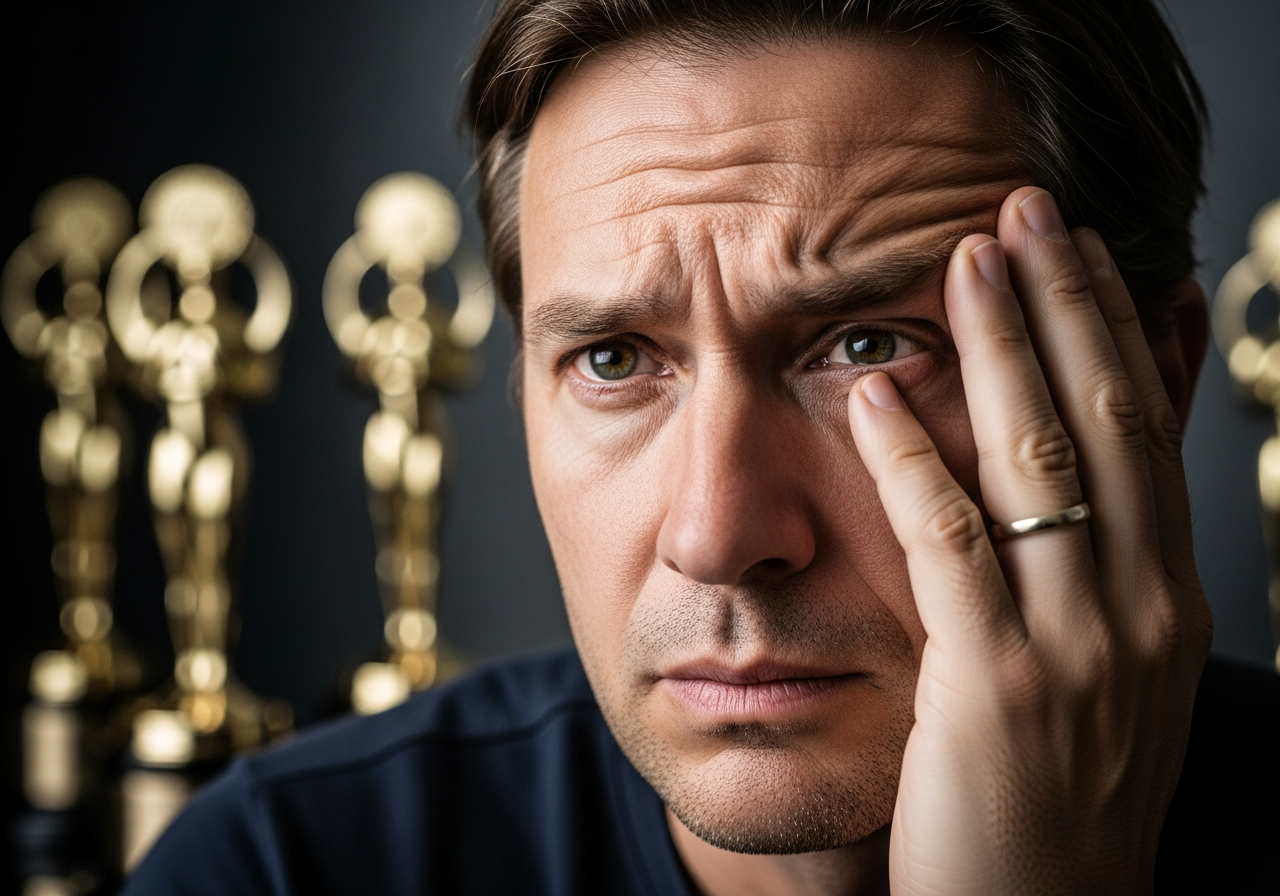 A close-up of a film director looking stressed, with multiple awards blurred in the background, a conflicted expression on his face.