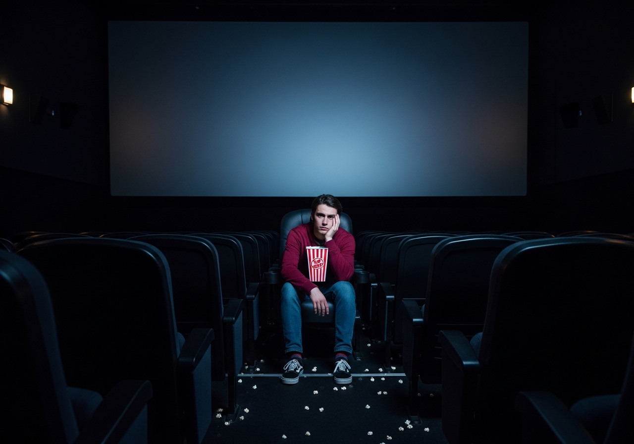 A person sitting alone in a dark cinema, bathed in the faint glow of the screen, looking pensive but also a bit lost, popcorn scattered around them.
