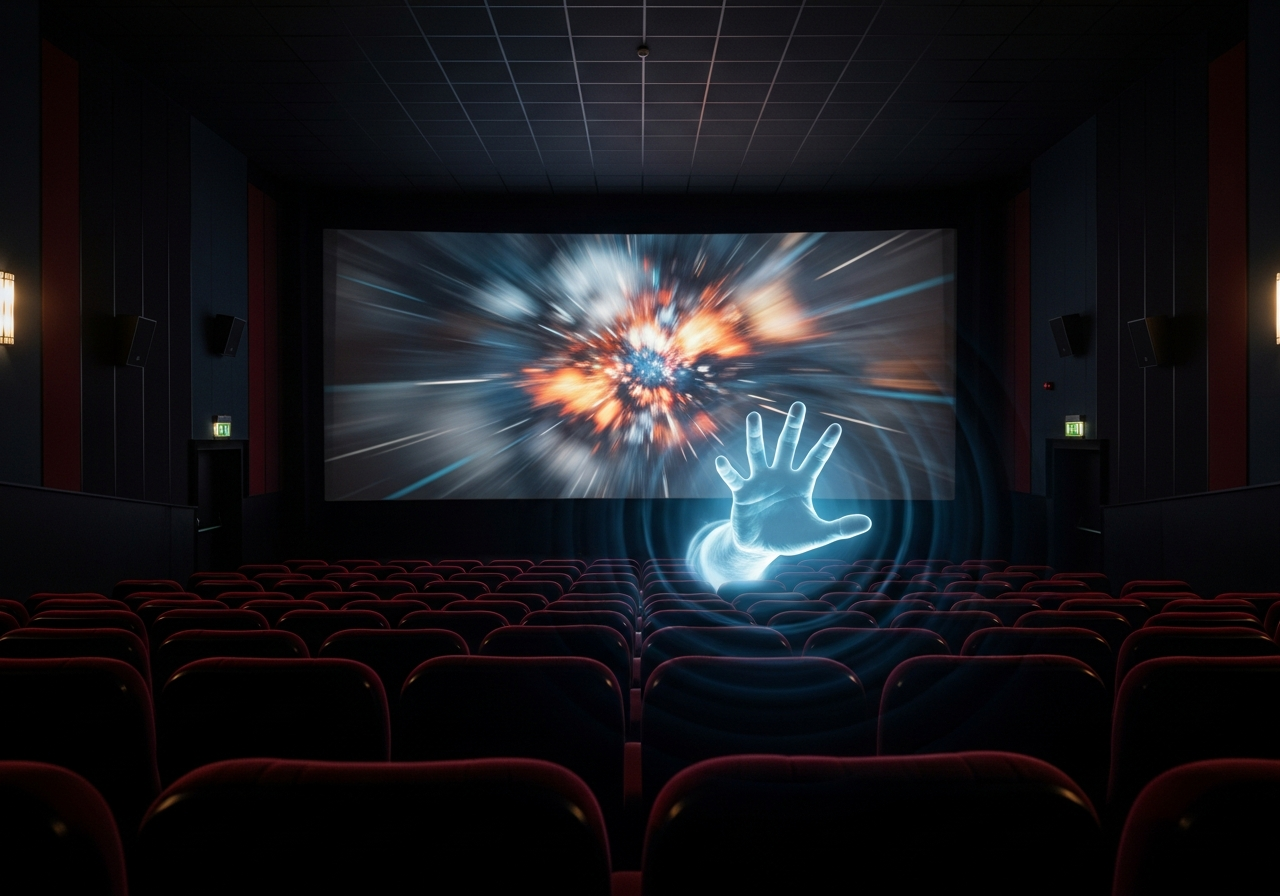 A dimly lit cinema screen showing a blurred, intense scene, with a single ghostly hand appearing to reach out from behind the screen towards the audience, suggesting unseen manipulation.