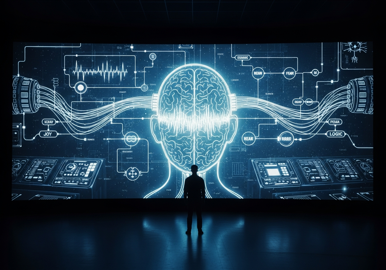 A person's silhouette standing in front of a cinema screen, but instead of the screen showing a film, it's a giant, complex blueprint of emotions, wires, and control panels, implying a hidden mechanism.