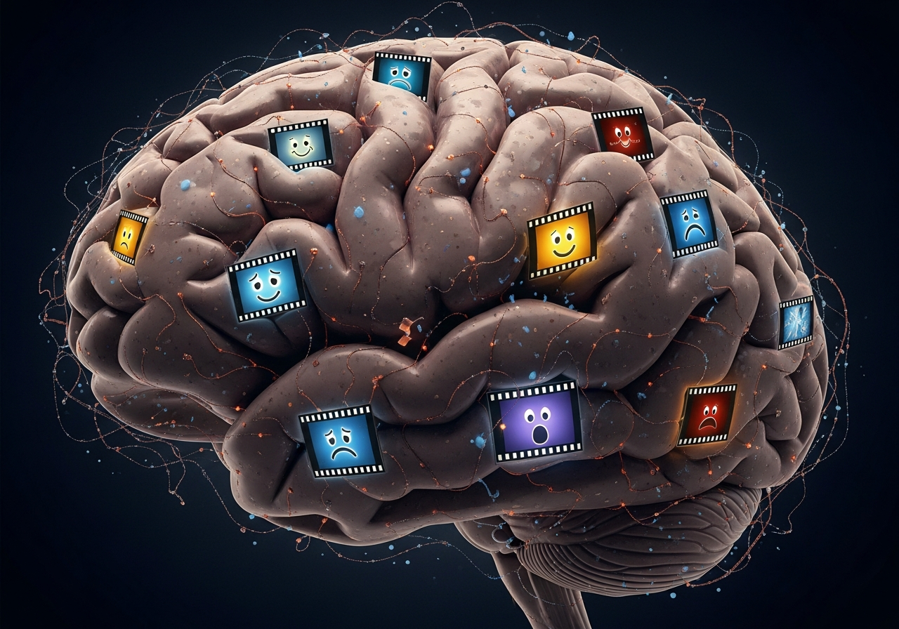 A surreal depiction of a brain, with small cinema screens playing various emotional scenes projected onto different neural pathways, subtly altering the brain's internal landscape.